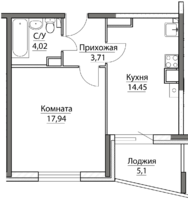 1-комнатная квартира 45,22 кв.м. 4 этаж
