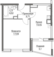 1-комнатная квартира 45,22 кв.м. 8 этаж