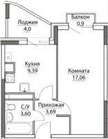 1-комнатная квартира 38,64 кв.м. 9 этаж