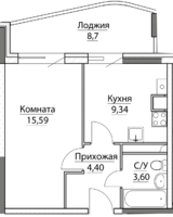 1-комнатная квартира 41,63 кв.м. 8 этаж